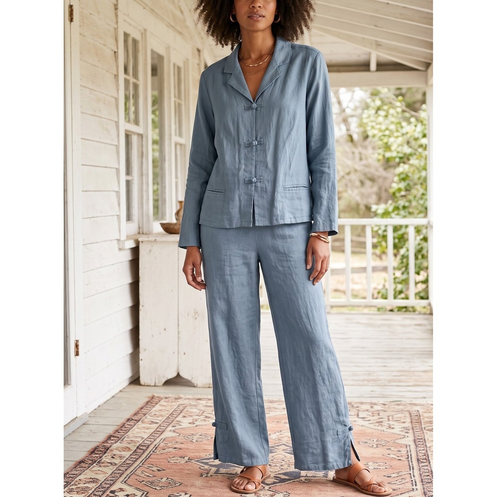 J. Jill Vintage Blue 100% Linen 2 Piece Set Frog Closure Jacket Wide Leg Pants M